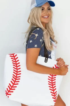 Outlet Dear-Lover Baseball Pattern Canvas Large Tote Bag White