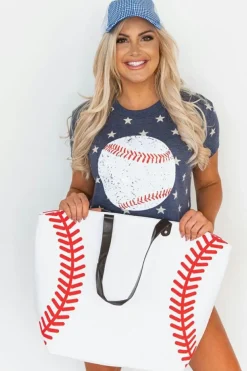 Outlet Dear-Lover Baseball Pattern Canvas Large Tote Bag White