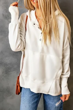 New Dear-Lover Batwing Sleeve Pocketed Henley Hoodie White