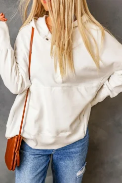 New Dear-Lover Batwing Sleeve Pocketed Henley Hoodie White