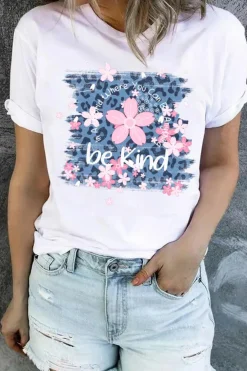 Best Dear-Lover Be Kind Cherry Blossoms Leopard Graphic T Shirt White