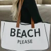 Fashion Dear-Lover BEACH PLEASE Print Large Canvas Tote Bag White