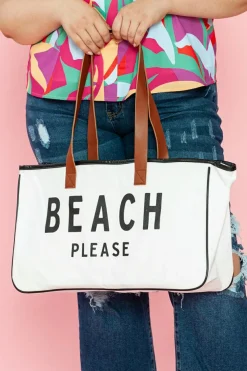 Fashion Dear-Lover BEACH PLEASE Print Large Canvas Tote Bag White