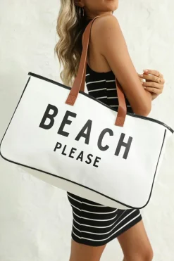 Fashion Dear-Lover BEACH PLEASE Print Large Canvas Tote Bag White