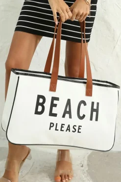 Fashion Dear-Lover BEACH PLEASE Print Large Canvas Tote Bag White