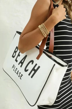 Fashion Dear-Lover BEACH PLEASE Print Large Canvas Tote Bag White
