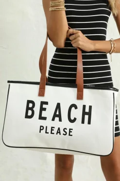 Fashion Dear-Lover BEACH PLEASE Print Large Canvas Tote Bag White