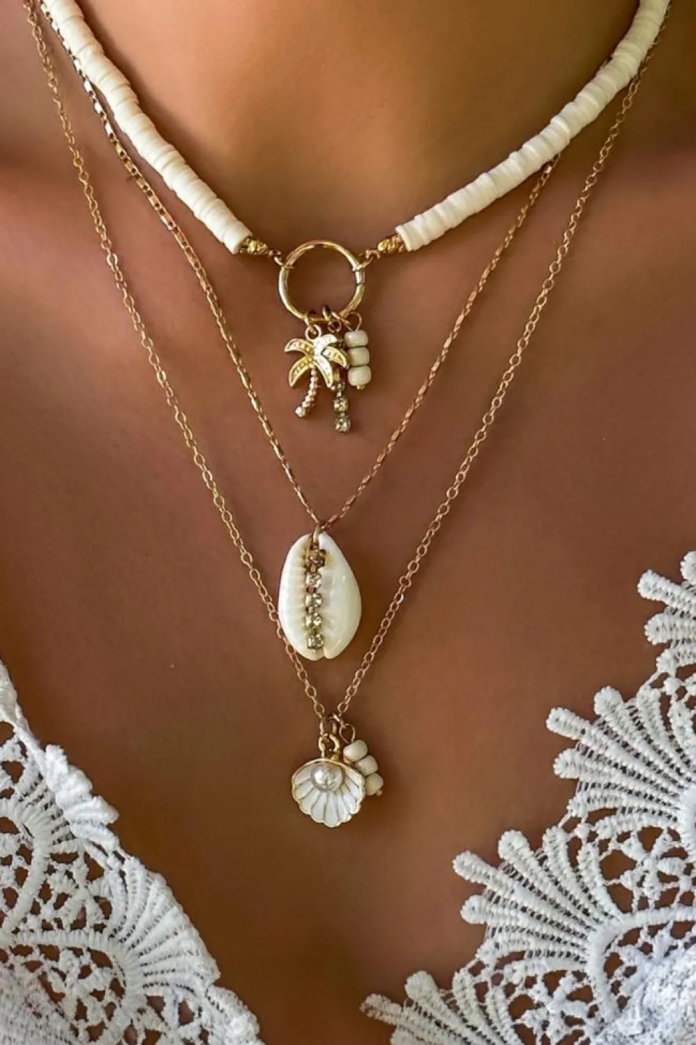 Sale Dear-Lover Beach Seashell Multi Layered Pendant Necklace White
