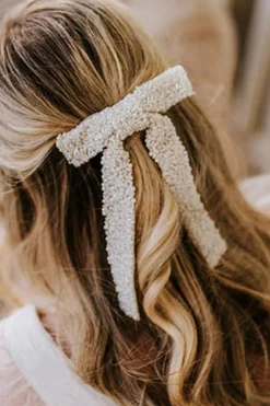 New Dear-Lover Beaded Bow Knot Hair Clip White