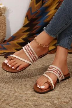 Discount Dear-Lover Beaded Embroidered Braided Strap Thong Slippers White