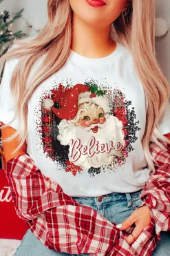 Fashion Dear-Lover Believe Christmas Father Graphic Crewneck T Shirt White