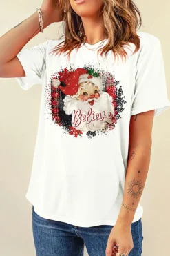 Fashion Dear-Lover Believe Christmas Father Graphic Crewneck T Shirt White