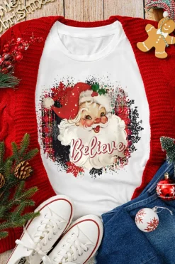 Fashion Dear-Lover Believe Christmas Father Graphic Crewneck T Shirt White