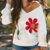 Best Dear-Lover Big Flower Pattern V Neck Drop Shoulder Sweater White