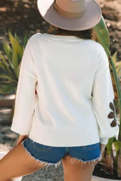 Best Dear-Lover Big Flower Pattern V Neck Drop Shoulder Sweater White