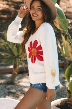 Best Dear-Lover Big Flower Pattern V Neck Drop Shoulder Sweater White