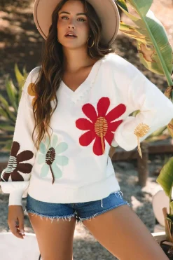 Best Dear-Lover Big Flower Pattern V Neck Drop Shoulder Sweater White