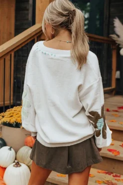 Best Dear-Lover Big Flower Pattern V Neck Drop Shoulder Sweater White