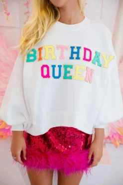 Discount Dear-Lover BIRTHDAY QUEEN Graphic Balloon Sleeve Sweatshirt White