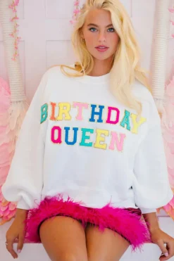 Discount Dear-Lover BIRTHDAY QUEEN Graphic Balloon Sleeve Sweatshirt White