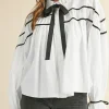 Hot Dear-Lover Black Pipping Ribbon Bowtie Collared Ruffled Puff Sleeve Shirt White