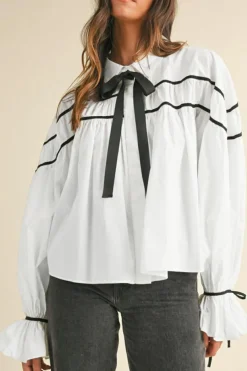 Hot Dear-Lover Black Pipping Ribbon Bowtie Collared Ruffled Puff Sleeve Shirt White