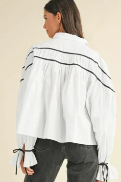 Hot Dear-Lover Black Pipping Ribbon Bowtie Collared Ruffled Puff Sleeve Shirt White
