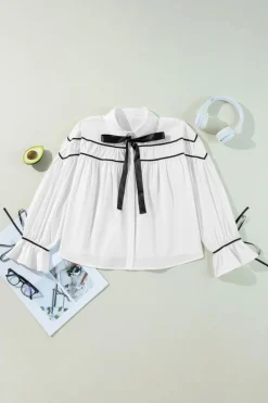 Hot Dear-Lover Black Pipping Ribbon Bowtie Collared Ruffled Puff Sleeve Shirt White