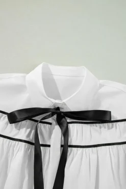 Hot Dear-Lover Black Pipping Ribbon Bowtie Collared Ruffled Puff Sleeve Shirt White