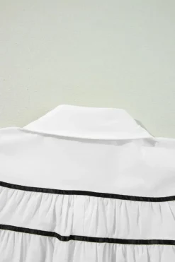 Hot Dear-Lover Black Pipping Ribbon Bowtie Collared Ruffled Puff Sleeve Shirt White