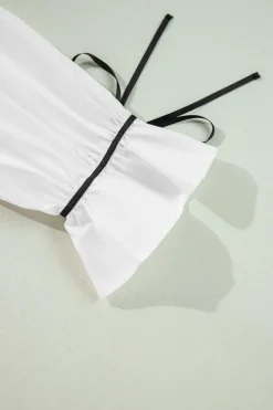 Hot Dear-Lover Black Pipping Ribbon Bowtie Collared Ruffled Puff Sleeve Shirt White