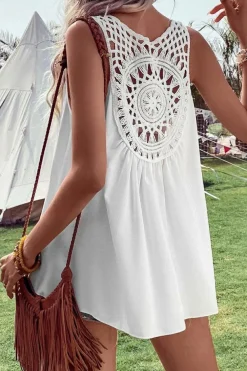 New Dear-Lover Bohemian Crochet Patchwork Sleeveless Tunic White