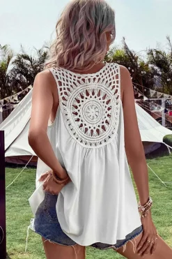 New Dear-Lover Bohemian Crochet Patchwork Sleeveless Tunic White