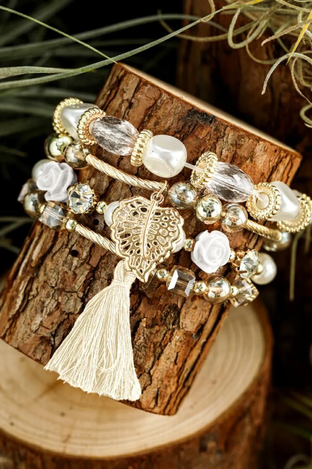 Clearance Dear-Lover Bohemian Rhinestone Beaded Fringed Layered Bracelet White