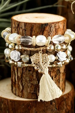 Clearance Dear-Lover Bohemian Rhinestone Beaded Fringed Layered Bracelet White