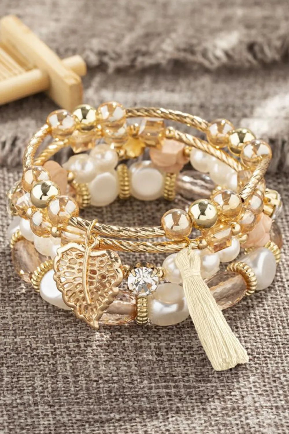 Clearance Dear-Lover Bohemian Rhinestone Beaded Fringed Layered Bracelet White