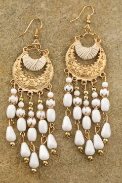 Clearance Dear-Lover Boho Beaded Tassel Alloy Charm Earrings White