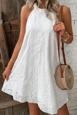 Online Dear-Lover Boho Eyelet Pattern Halter Neck Sleeveless Dress White