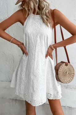 Online Dear-Lover Boho Eyelet Pattern Halter Neck Sleeveless Dress White