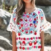 Hot Dear-Lover Boho Floral Print Round Neck Ruffle Trim Blouse White