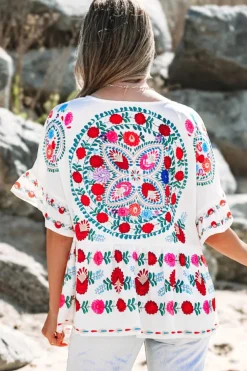 Hot Dear-Lover Boho Floral Print Round Neck Ruffle Trim Blouse White