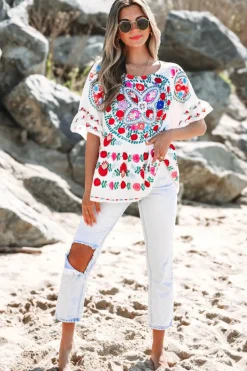 Hot Dear-Lover Boho Floral Print Round Neck Ruffle Trim Blouse White