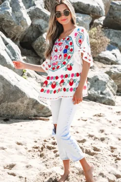 Hot Dear-Lover Boho Floral Print Round Neck Ruffle Trim Blouse White