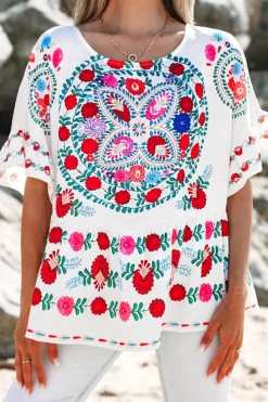 Hot Dear-Lover Boho Floral Print Round Neck Ruffle Trim Blouse White