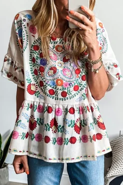 Hot Dear-Lover Boho Floral Print Round Neck Ruffle Trim Blouse White