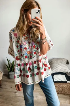 Hot Dear-Lover Boho Floral Print Round Neck Ruffle Trim Blouse White
