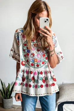 Hot Dear-Lover Boho Floral Print Round Neck Ruffle Trim Blouse White