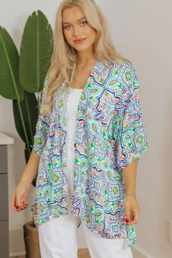 Best Dear-Lover Boho Floral Printed Rhinestone 3/4 Sleeve Open Front Kimono White