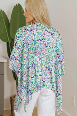 Best Dear-Lover Boho Floral Printed Rhinestone 3/4 Sleeve Open Front Kimono White