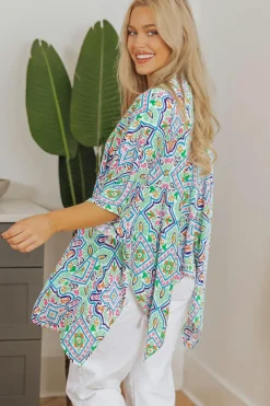 Best Dear-Lover Boho Floral Printed Rhinestone 3/4 Sleeve Open Front Kimono White